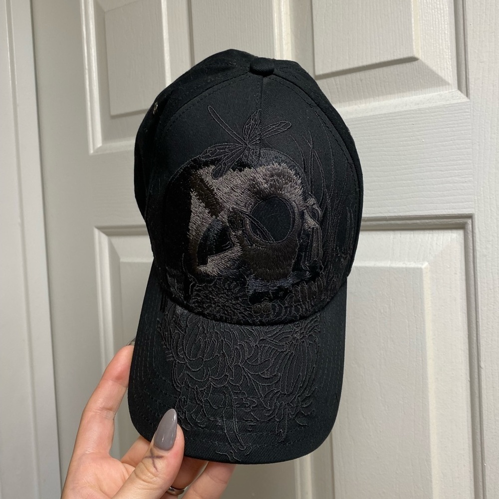 Diesel hat with skull, peony flower, coi fish & hearts design stitching